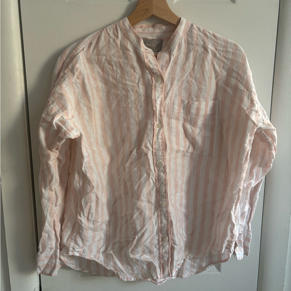 Everlane Pink & White Striped Linen Boxy Button Down Shirt